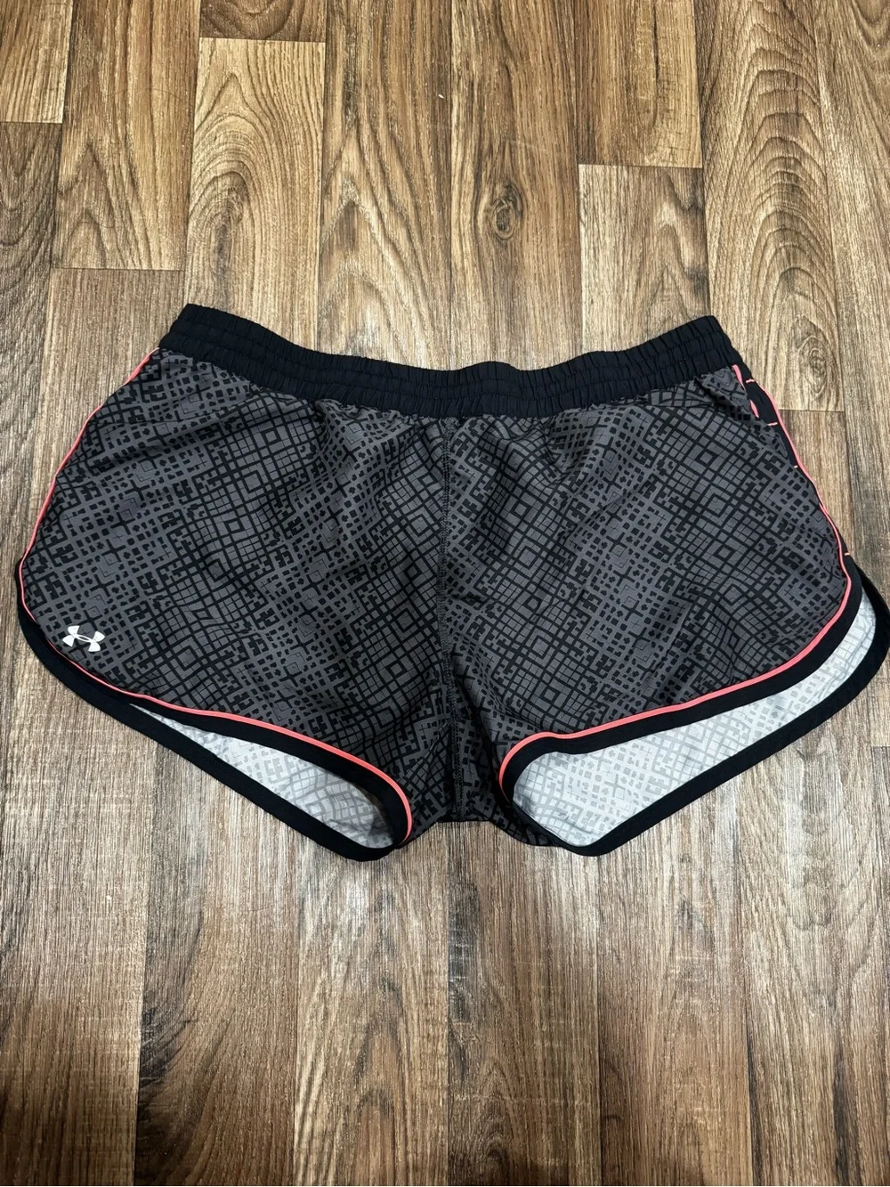 Under Armour Black Geo-Print Athletic Shorts with Pink Trim